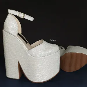 White Shimmer Ankle Wedge Platform Shoes