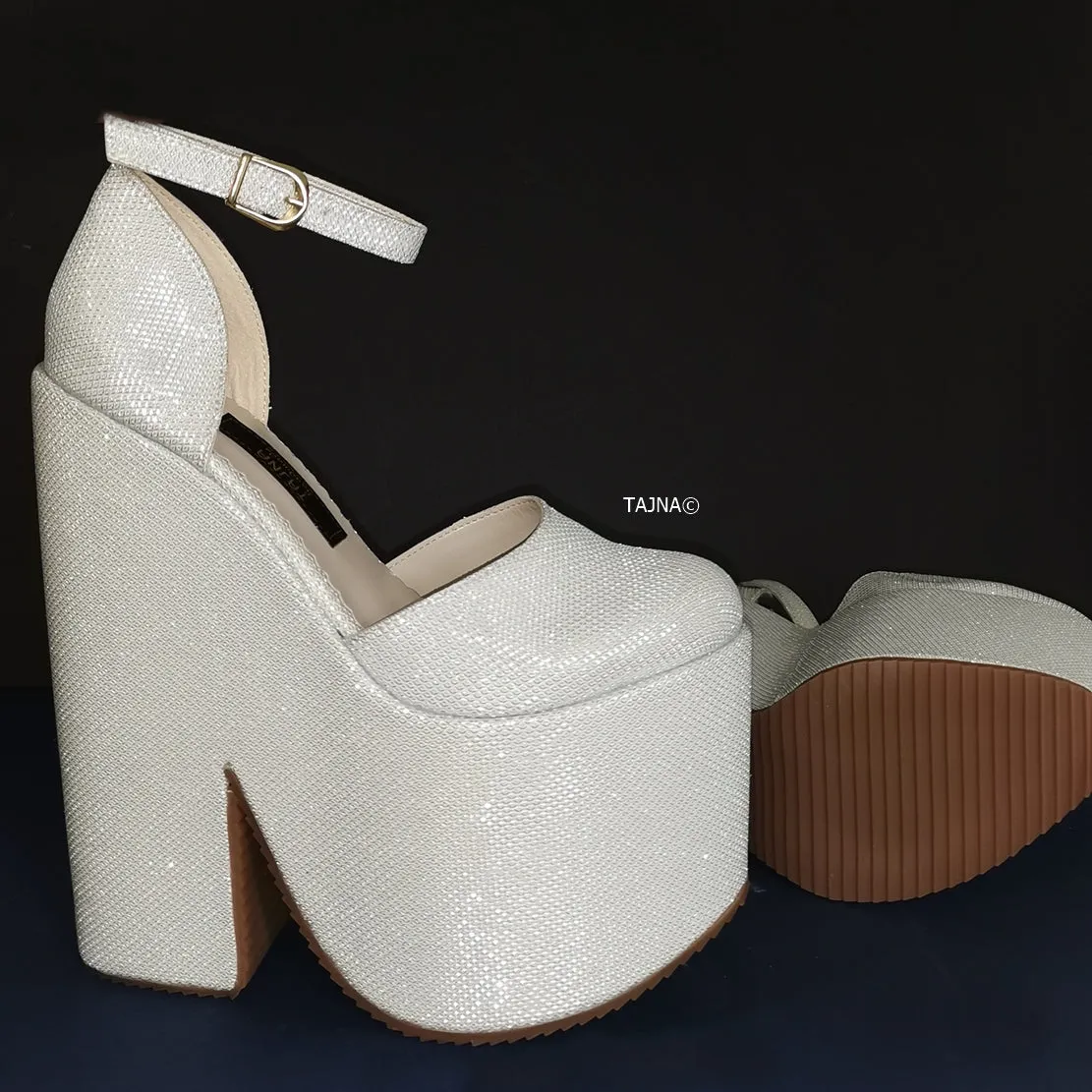 White Shimmer Ankle Wedge Platform Shoes