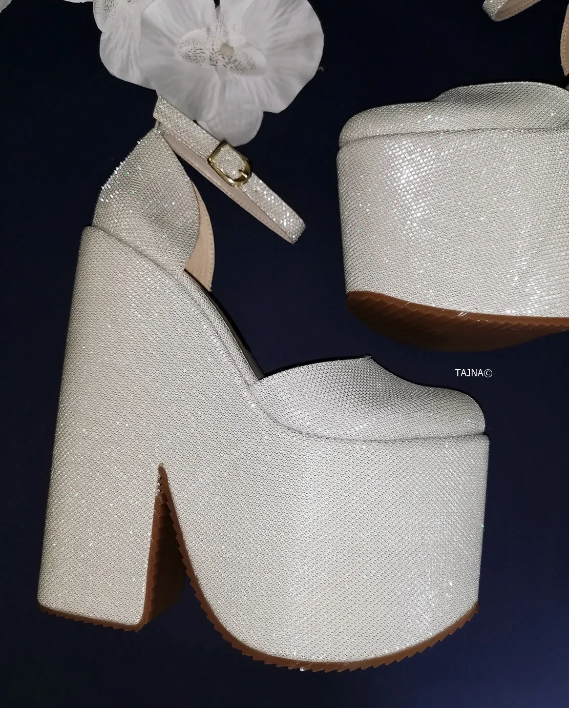 White Shimmer Ankle Wedge Platform Shoes