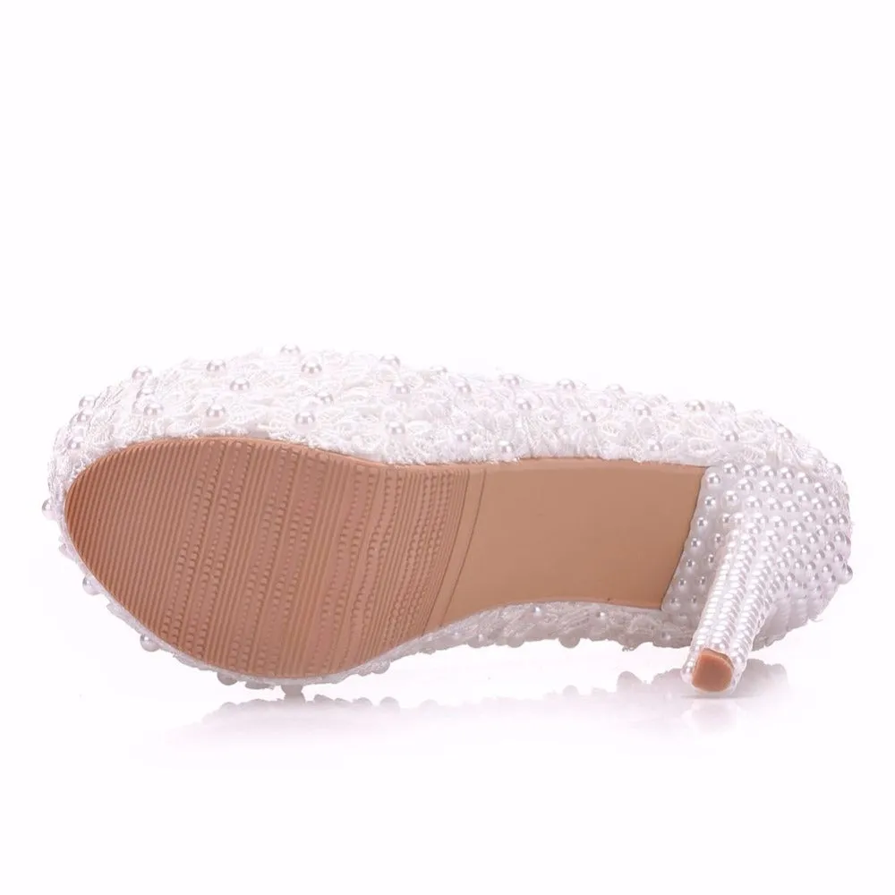 Women Flower Lace Pearl Wedding Shoes 14cm Heels