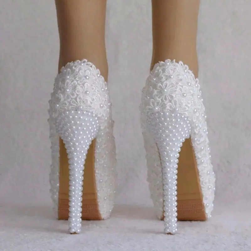 Women Flower Lace Pearl Wedding Shoes 14cm Heels