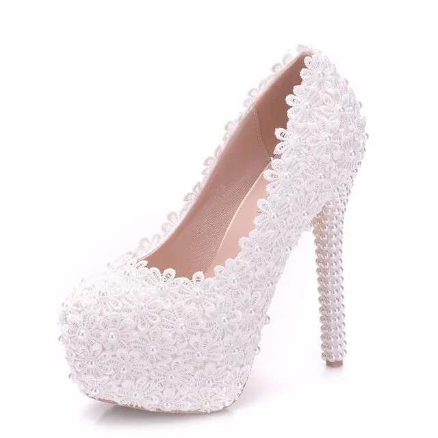 Women Flower Lace Pearl Wedding Shoes 14cm Heels