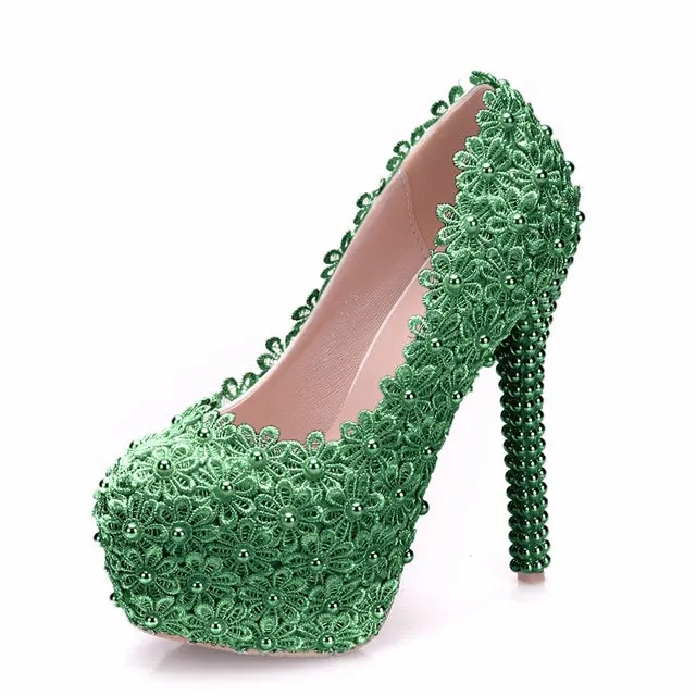 Women Flower Lace Pearl Wedding Shoes 14cm Heels