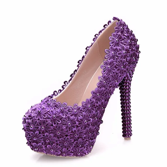 Women Flower Lace Pearl Wedding Shoes 14cm Heels