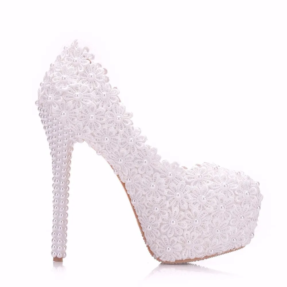 Women Flower Lace Pearl Wedding Shoes 14cm Heels