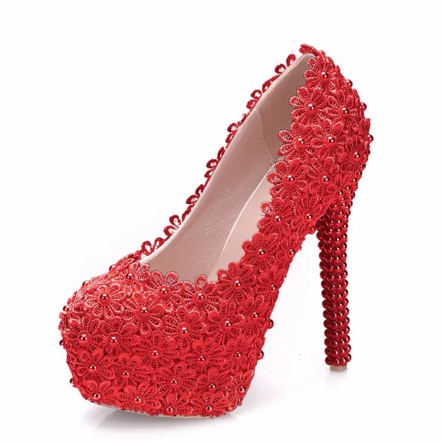 Women Flower Lace Pearl Wedding Shoes 14cm Heels