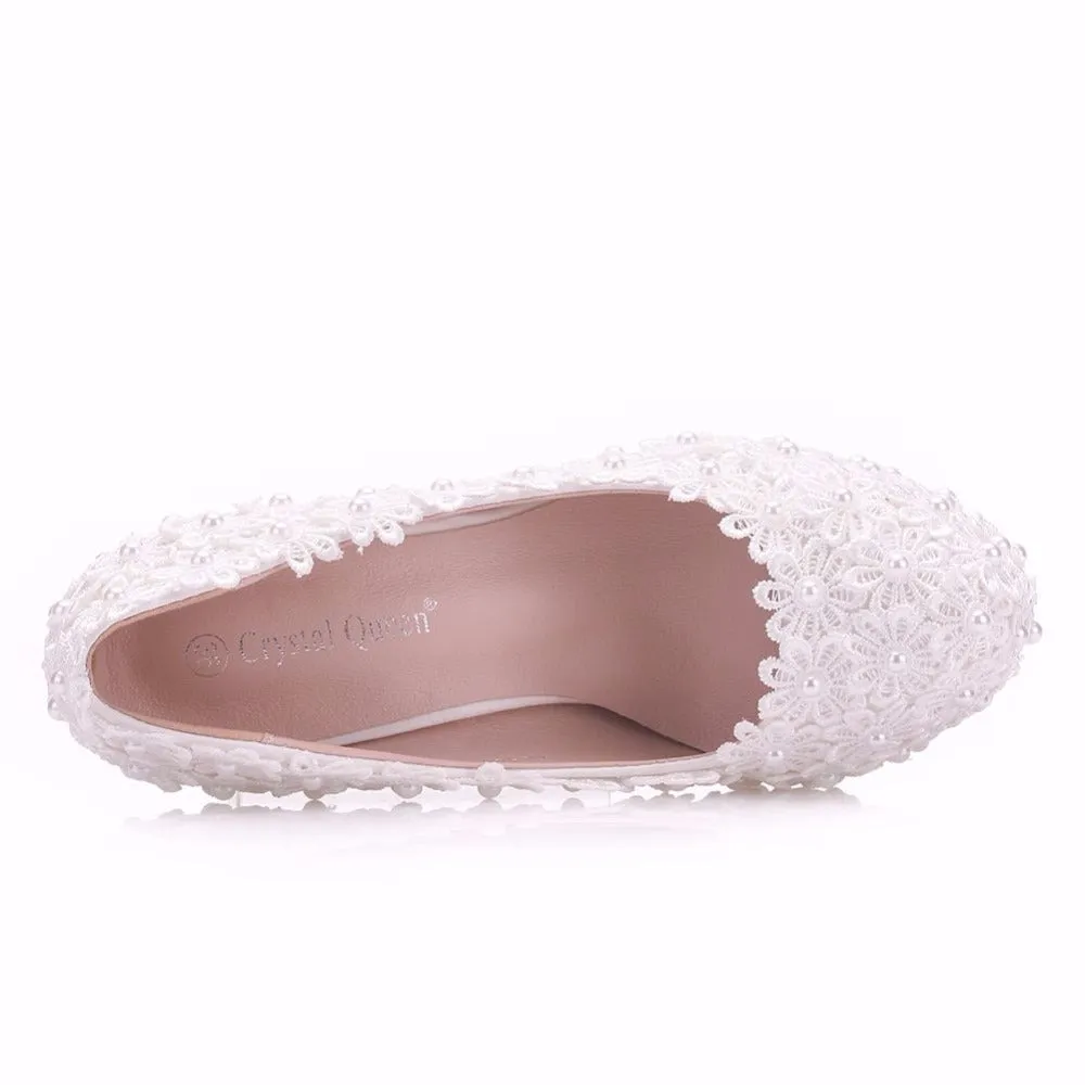 Women Flower Lace Pearl Wedding Shoes 14cm Heels