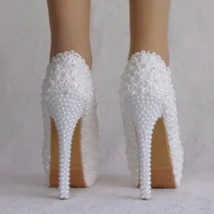 Women Flower Lace Pearl Wedding Shoes 14cm Heels