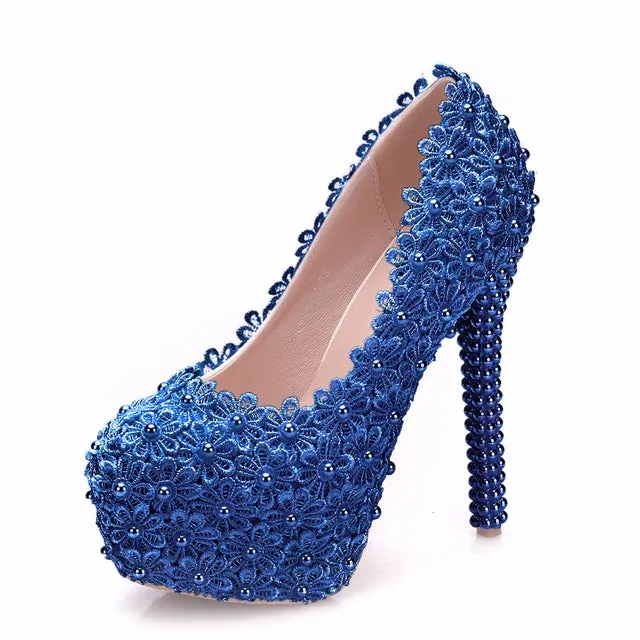Women Flower Lace Pearl Wedding Shoes 14cm Heels
