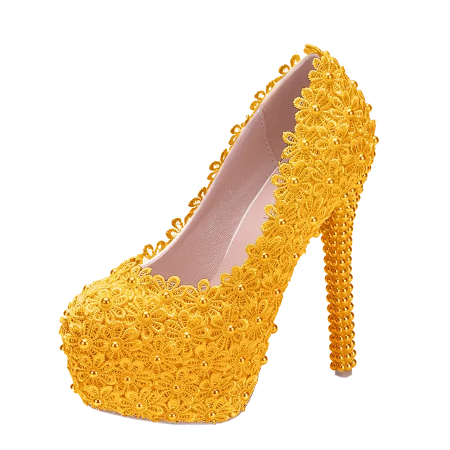 Women Flower Lace Pearl Wedding Shoes 14cm Heels