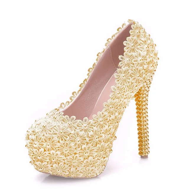 Women Flower Lace Pearl Wedding Shoes 14cm Heels