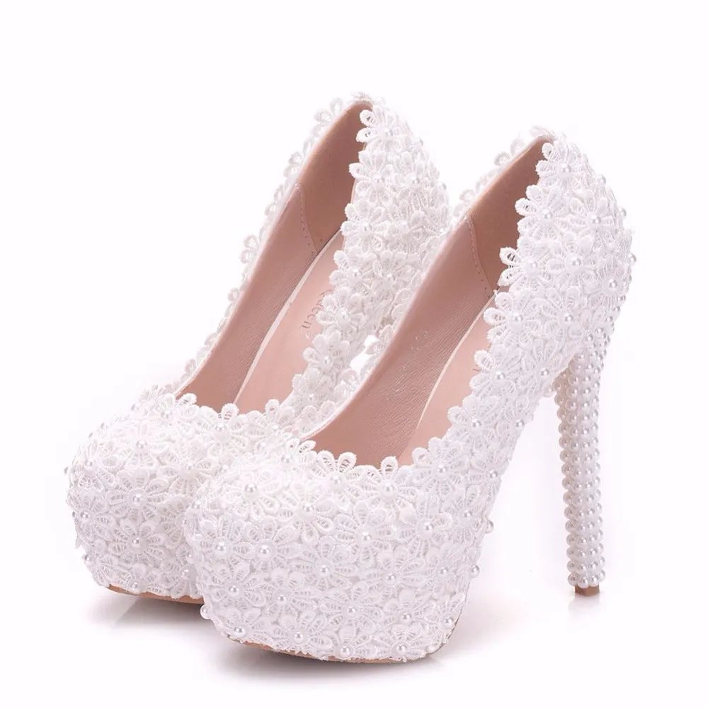 Women Flower Lace Pearl Wedding Shoes 14cm Heels