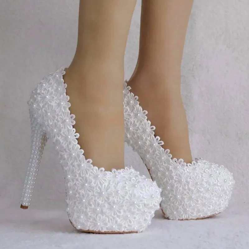 Women Flower Lace Pearl Wedding Shoes 14cm Heels