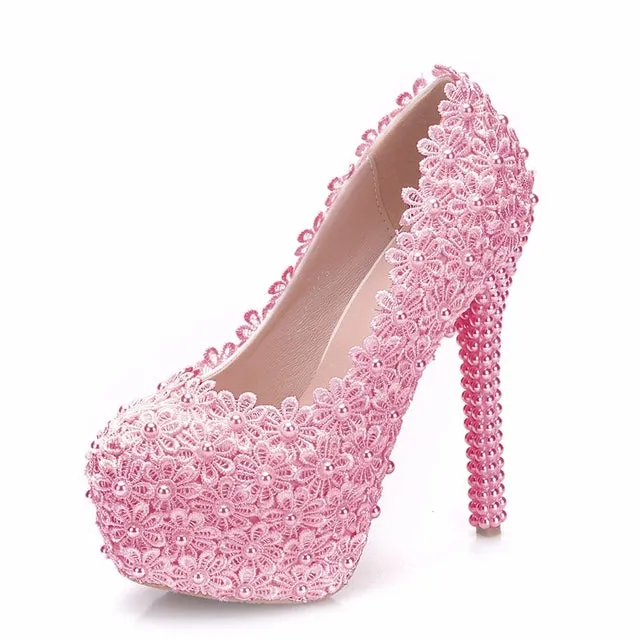 Women Flower Lace Pearl Wedding Shoes 14cm Heels