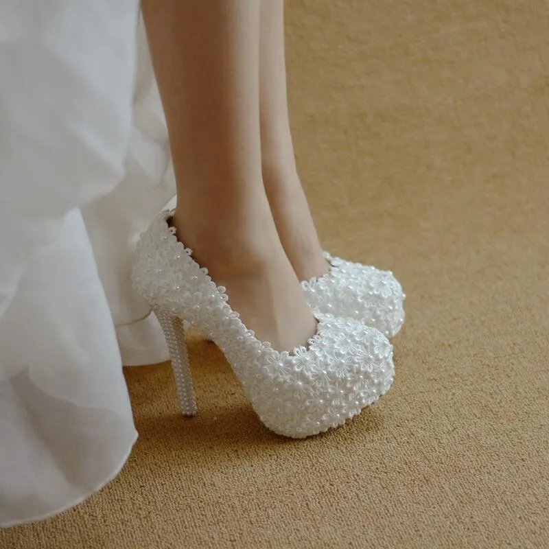Women Flower Lace Pearl Wedding Shoes 14cm Heels