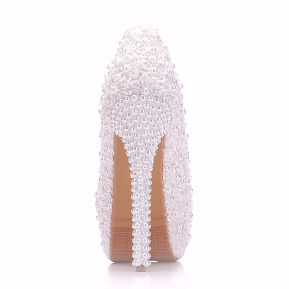 Women Flower Lace Pearl Wedding Shoes 14cm Heels