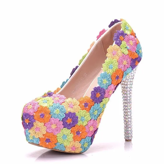 Women Flower Lace Pearl Wedding Shoes 14cm Heels